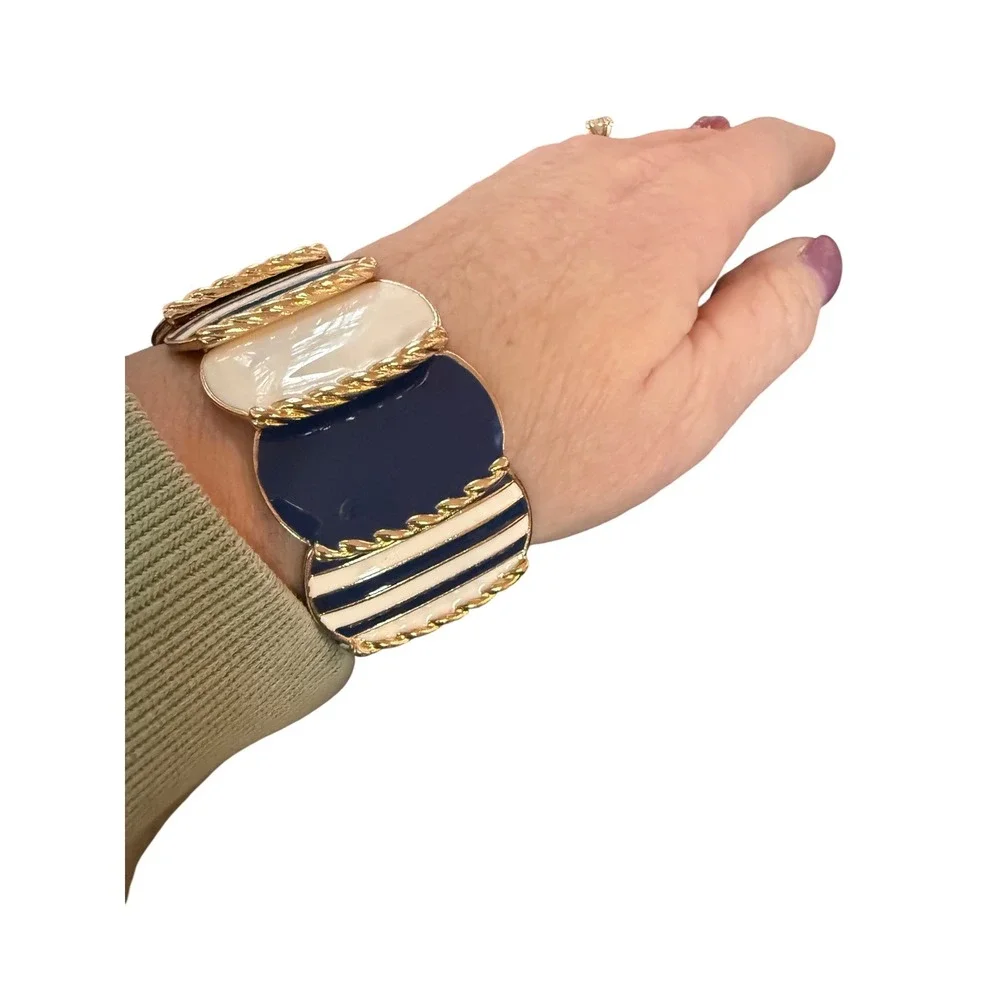 VTG Nautical Navy Blue Cream Enamel Gold Tone Striped Stretch Statement Bracelet